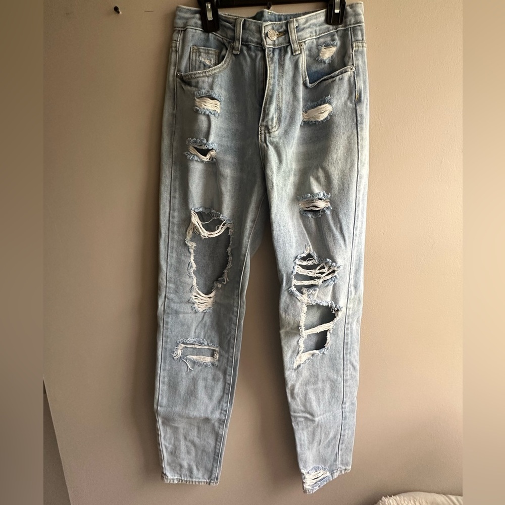 SHEIN, light wash, distressed ripped mom jeans